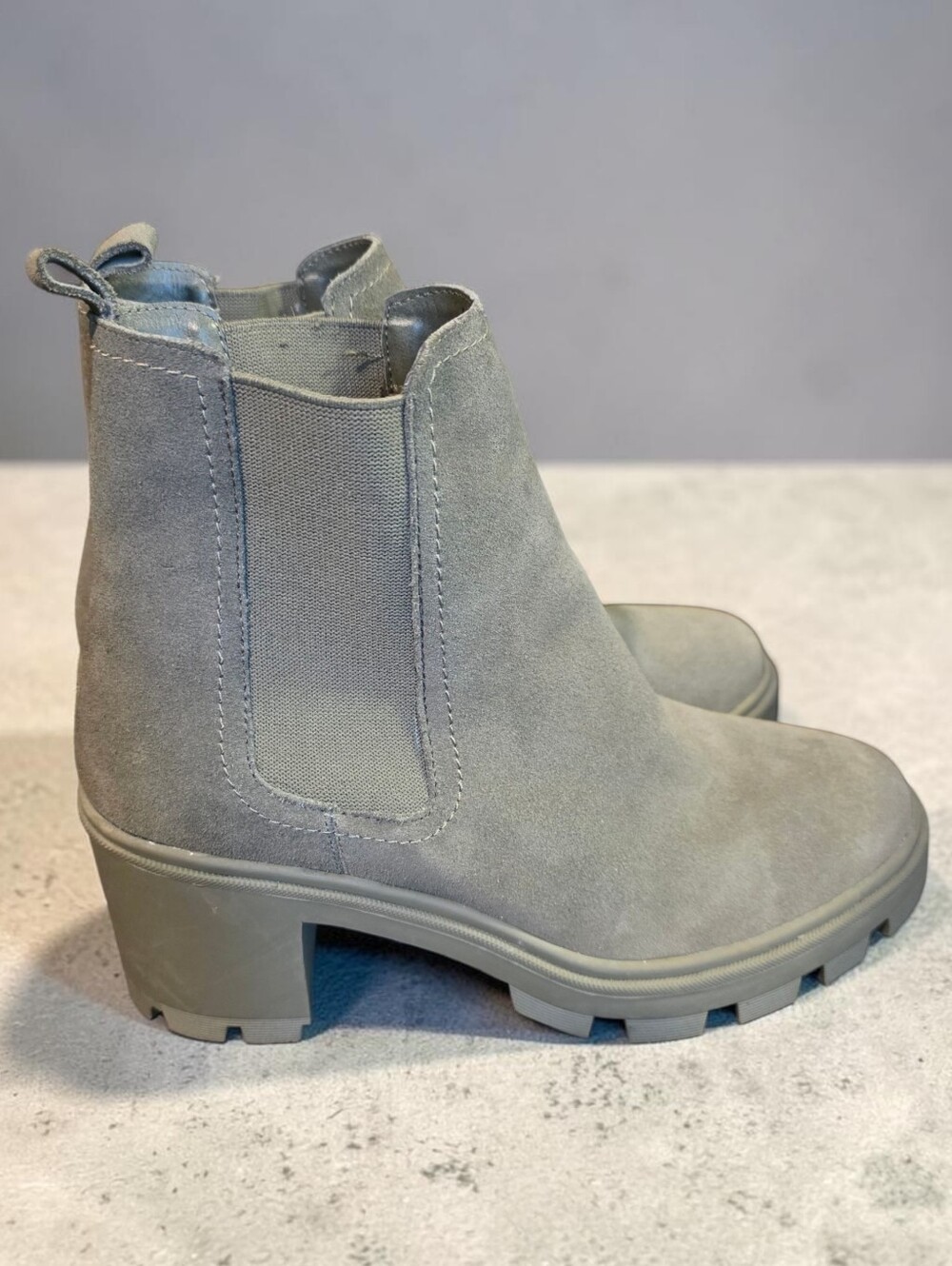 Splendid Light Gray Suede Chelsea Lug Heel Ankle Boots